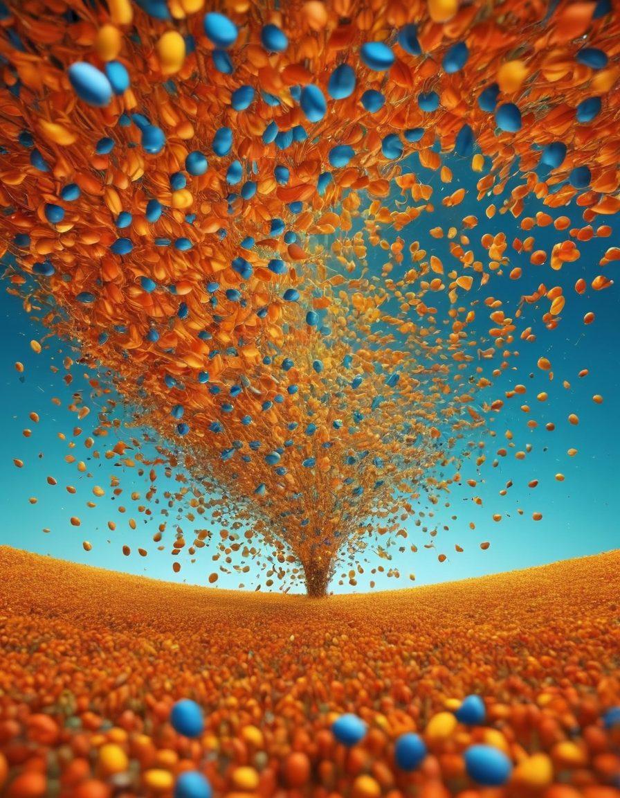 A dynamic illustration showcasing seeds transforming into a digital swarm, symbolizing the journey of decentralized file sharing. Include visual elements like binary codes evolving into file icons, interconnected nodes, and a vibrant background that represents the internet ecosystem. The scene should convey movement and innovation, emphasizing technology and nature in harmony. surrealistic. vibrant colors. 3D.