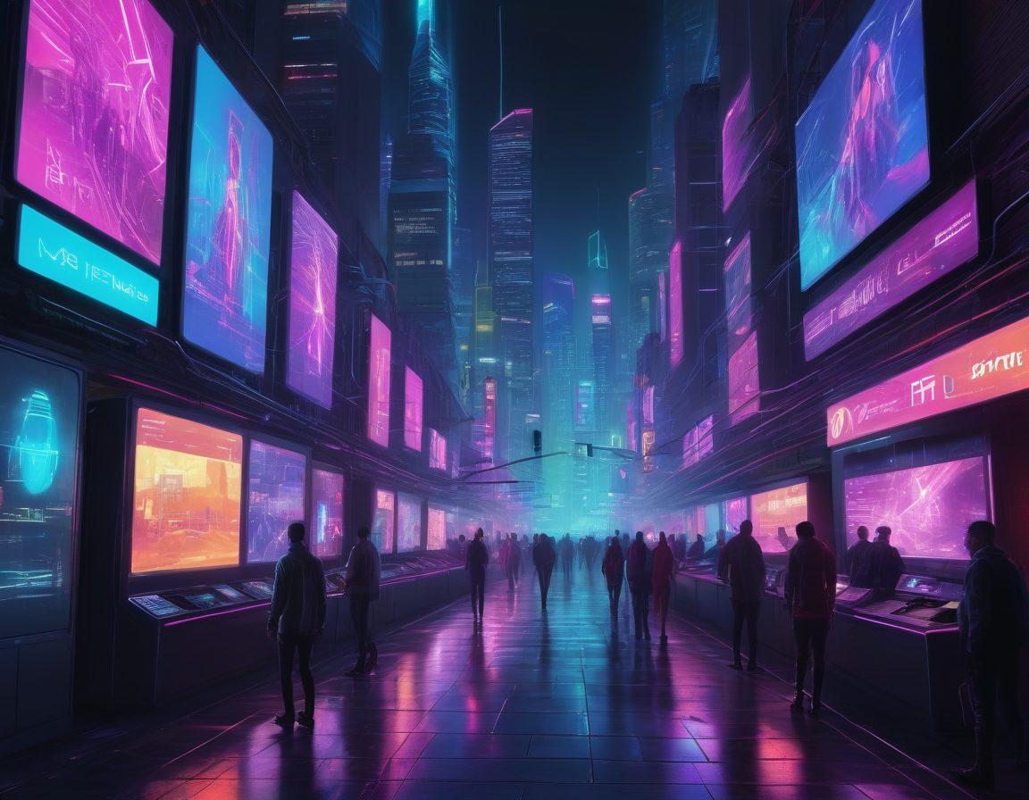 A futuristic cityscape showcasing a vibrant, interconnected digital network where peers engage in file sharing. Include stylized representations of Nutorrent technology such as nodes and data streams flowing between diverse individuals across glowing screens. Highlight a sense of community and collaboration through diverse human figures sharing data. Infuse the scene with bright neon colors and a cyberpunk aesthetic, emphasizing innovation and digital connectivity. cyberpunk. vibrant colors. super-realistic.