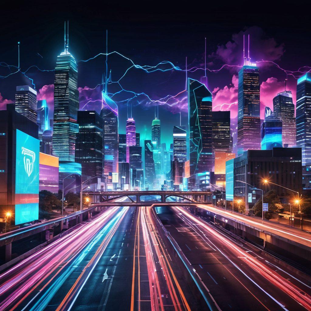 A futuristic representation of digital delivery, featuring abstract torrent symbols intertwined with advanced technology elements, such as data streams and cloud networks. The background should showcase a vibrant city skyline illuminated with neon lights, signifying the progress of torrenting technology. Include visual metaphors for speed, connectivity, and evolution. vibrant colors. cyberpunk.